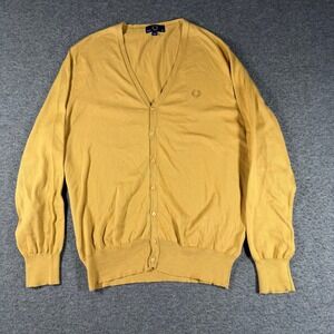 Fred Perry Mens Mustard Yellow Cotton V-Neck Cardigan Sweater Italy  Sz 44
